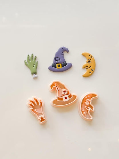 Ugly Halloween Cutters: Witch Hat, Creepy Hand & Moon Shapes for Polymer Clay