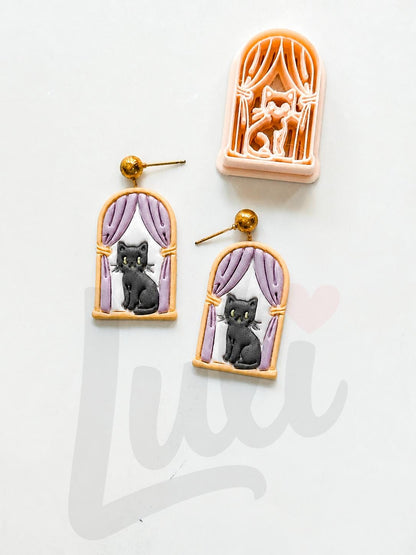 Cat on Window Cutter: Feline Curtain Scene for Polymer Clay