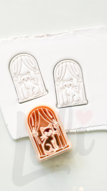 Cat on Window Cutter: Feline Curtain Scene for Polymer Clay