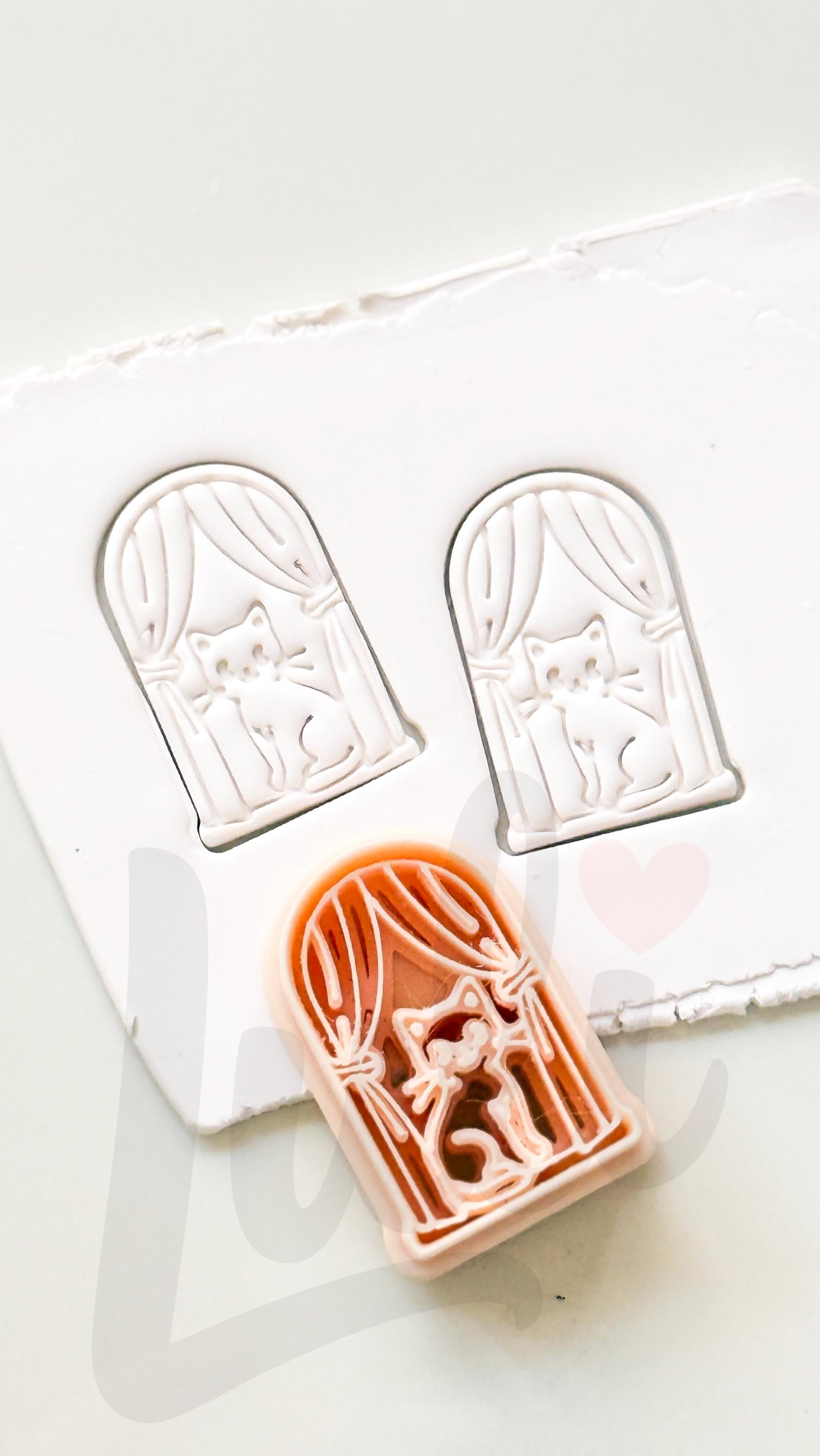Cat on Window Cutter: Feline Curtain Scene for Polymer Clay