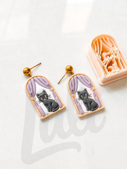 Cat on Window Cutter: Feline Curtain Scene for Polymer Clay