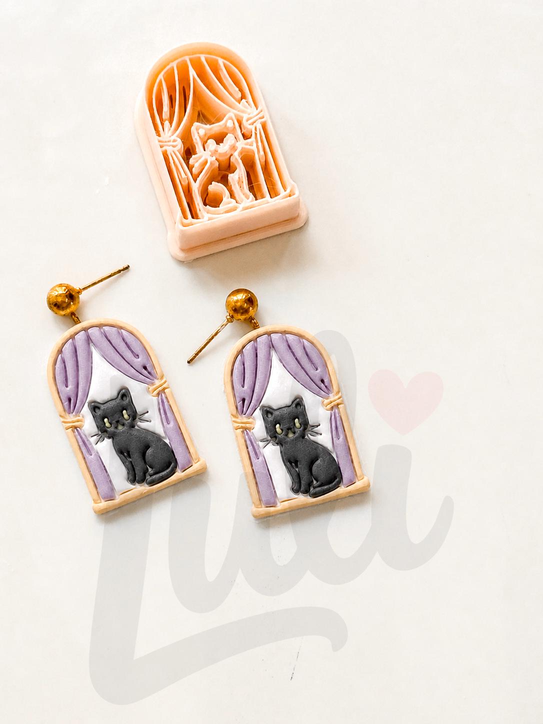 Cat on Window Cutter: Feline Curtain Scene for Polymer Clay
