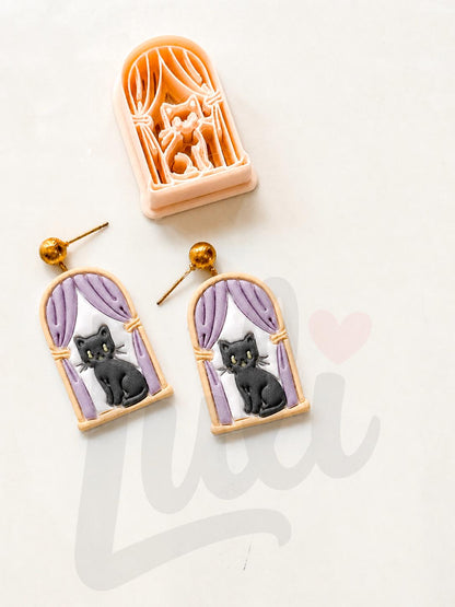 Cat on Window Cutter: Feline Curtain Scene for Polymer Clay
