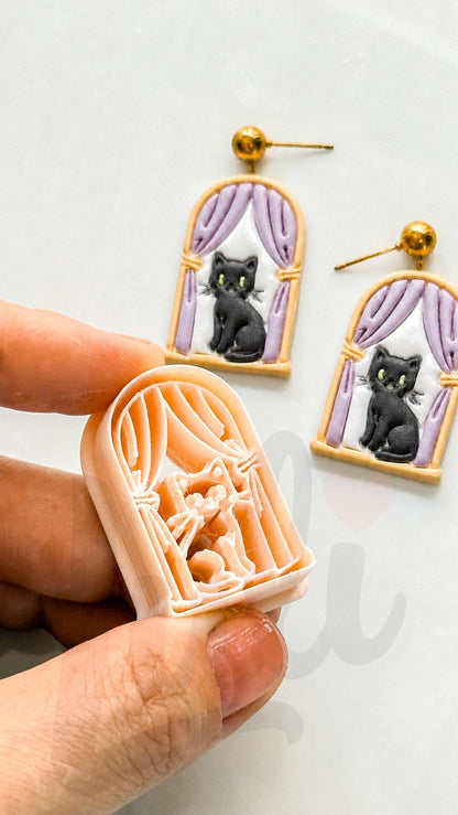 Cat on Window Cutter: Feline Curtain Scene for Polymer Clay