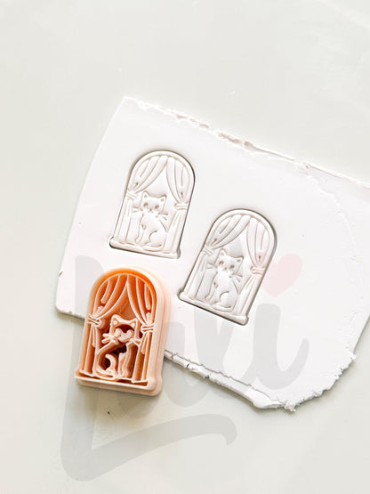 Cat on Window Cutter: Feline Curtain Scene for Polymer Clay