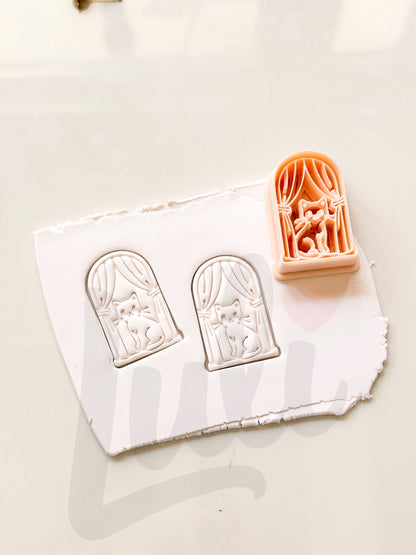 Cat on Window Cutter: Feline Curtain Scene for Polymer Clay