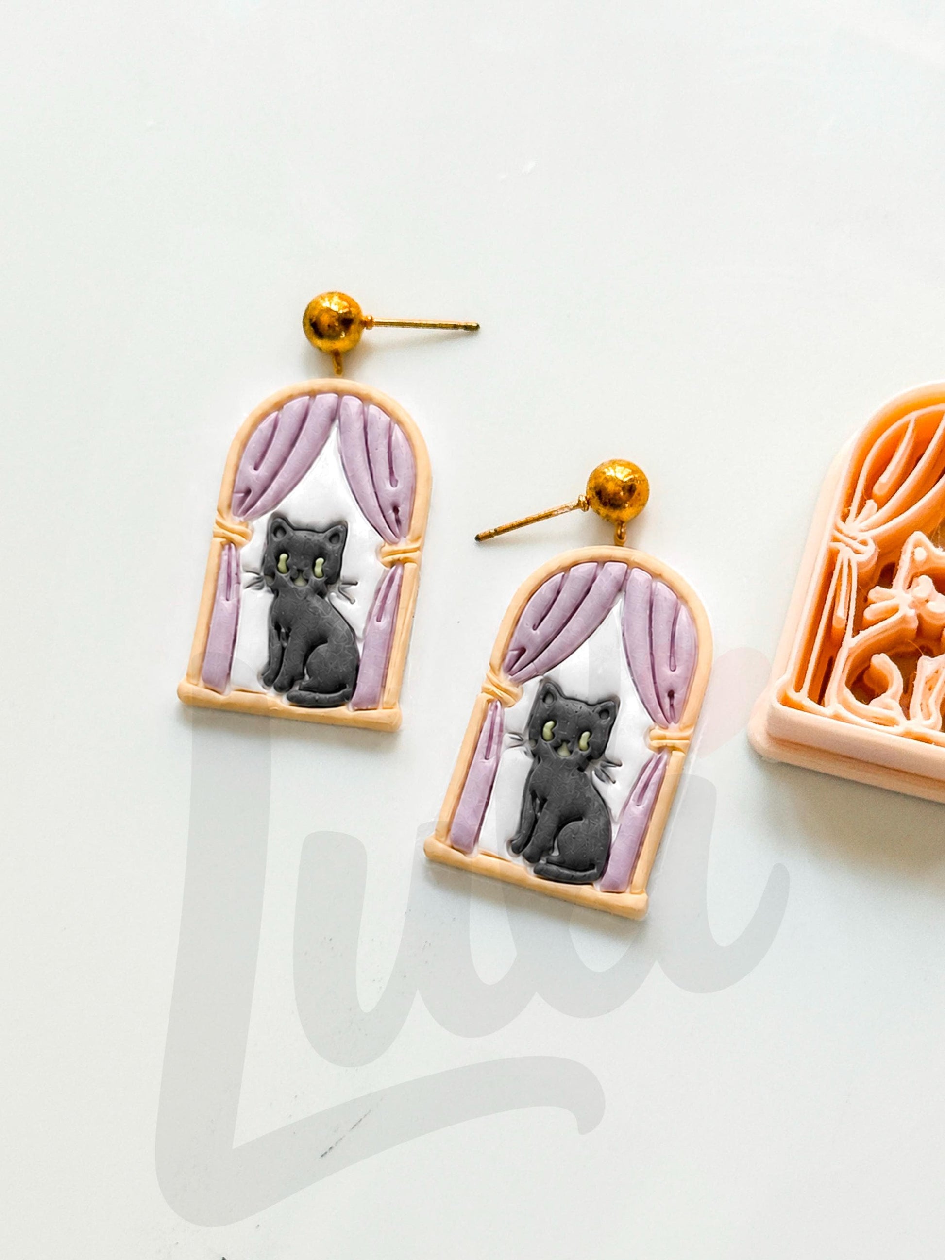Cat on Window Cutter: Feline Curtain Scene for Polymer Clay
