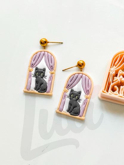 Cat on Window Cutter: Feline Curtain Scene for Polymer Clay