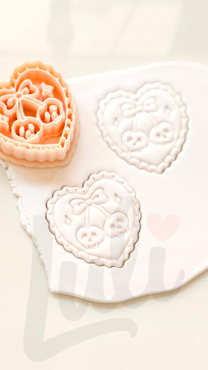 Skull Cherry Love Cutter: Heart Shaped Gothic Design for Polymer Clay