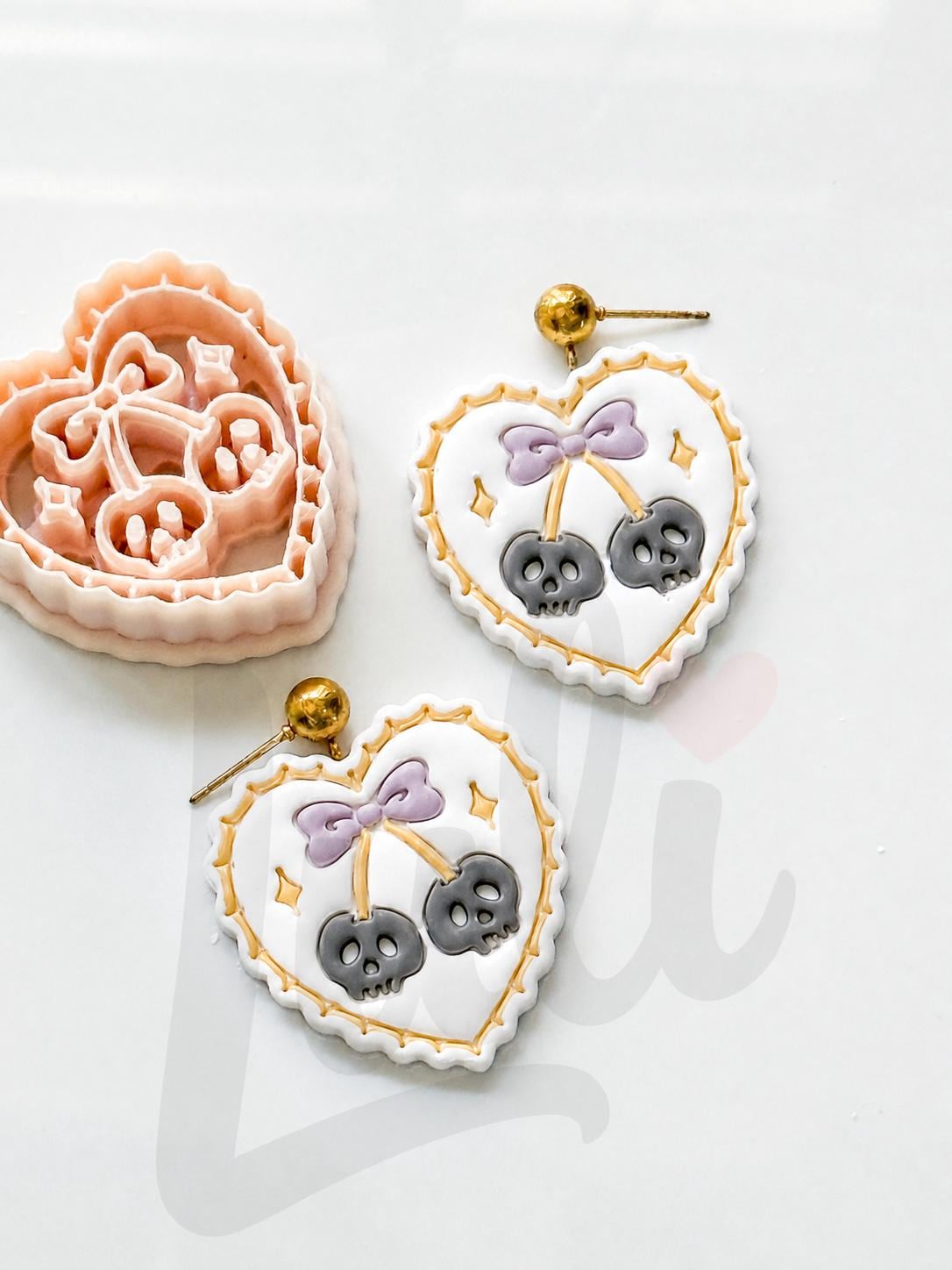 Skull Cherry Love Cutter: Heart Shaped Gothic Design for Polymer Clay