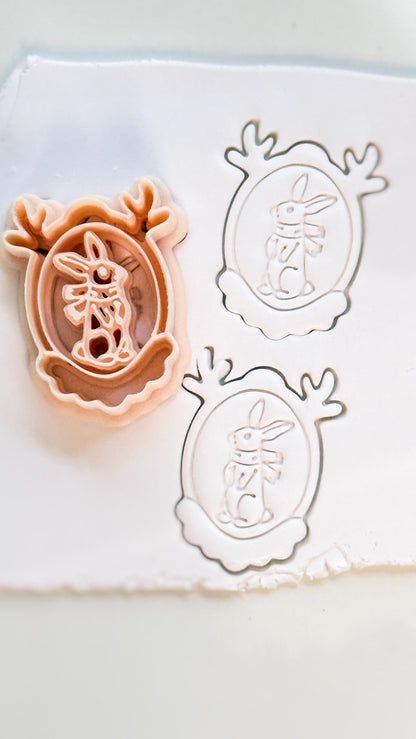 Christmas Bunny Portrait Cutter: Festive Rabbit Frame for Polymer Clay