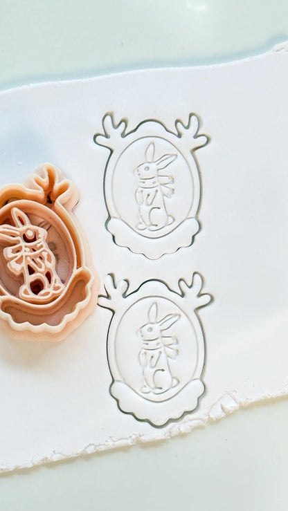 Christmas Bunny Portrait Cutter: Festive Rabbit Frame for Polymer Clay