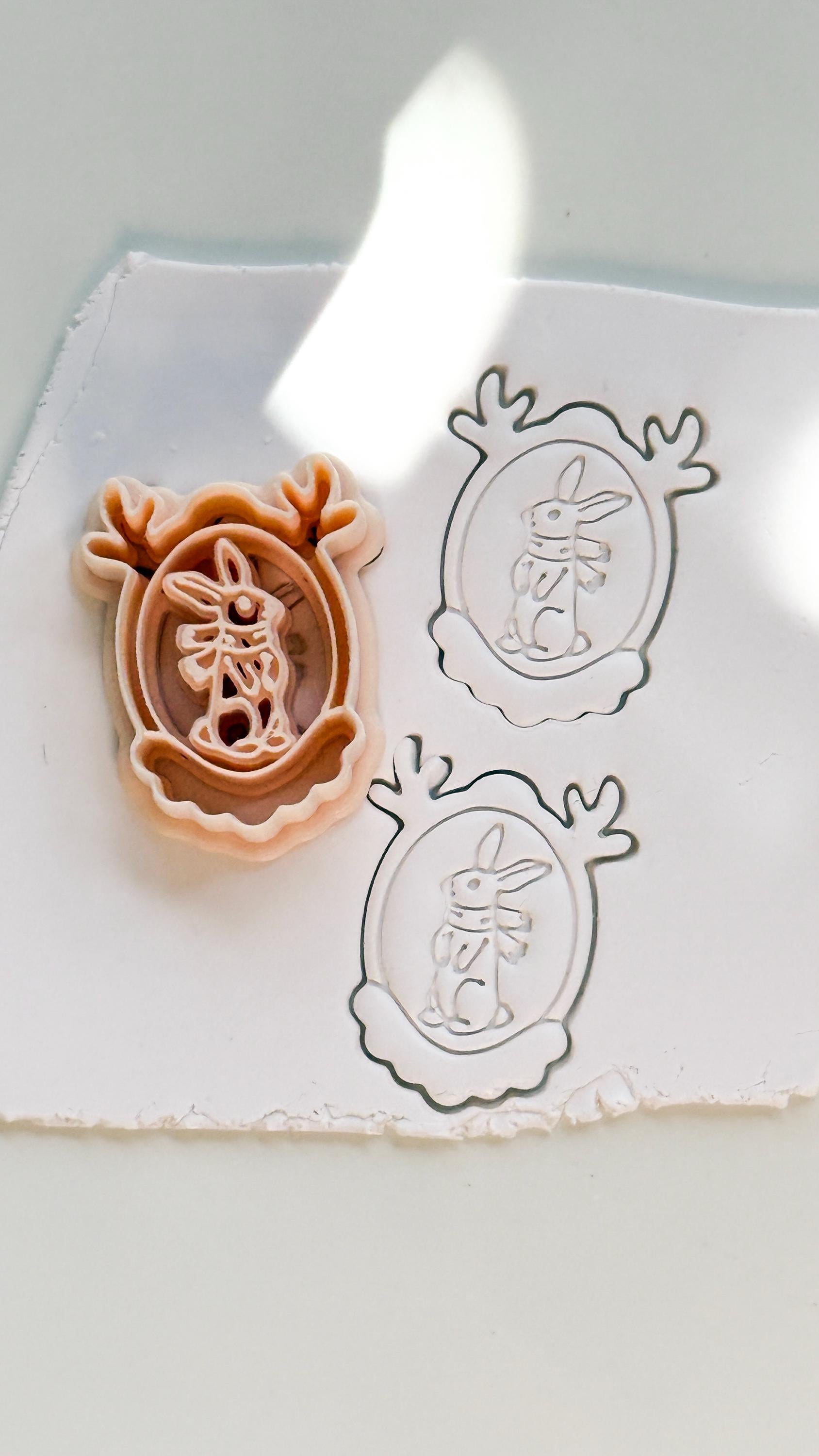 Christmas Bunny Portrait Cutter: Festive Rabbit Frame for Polymer Clay
