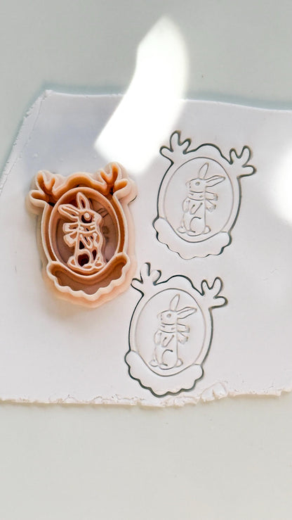 Christmas Bunny Portrait Cutter: Festive Rabbit Frame for Polymer Clay