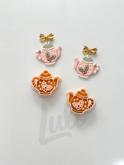 Merry tea pot Cutter: Festive Teapot with Holly Motif for Polymer Clay| Preppy Christmas