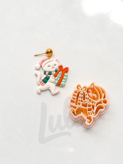 Gift Runner Kitty Cutter: Christmas Cat Carrying Presents for Polymer Clay| Preppy Christmas