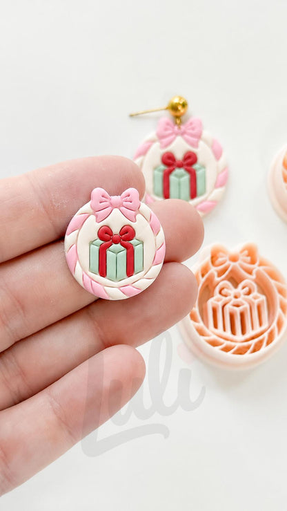 Gift Wreath Ornament Cutter: Bow Wrapped Present Design for Polymer Clay| Preppy Christmas