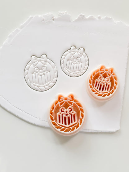 Gift Wreath Ornament Cutter: Bow Wrapped Present Design for Polymer Clay| Preppy Christmas