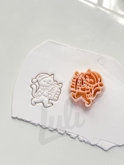 Gift Runner Kitty Cutter: Christmas Cat Carrying Presents for Polymer Clay| Preppy Christmas