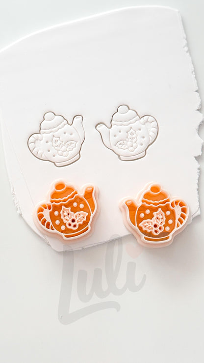 Merry tea pot Cutter: Festive Teapot with Holly Motif for Polymer Clay| Preppy Christmas