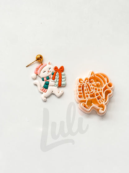Gift Runner Kitty Cutter: Christmas Cat Carrying Presents for Polymer Clay| Preppy Christmas