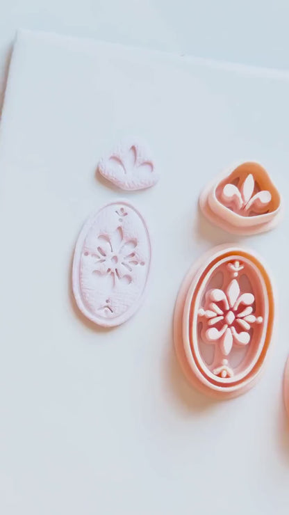 Ornate Fleur de Lis Oval Clay Cutter Set: Elegant Floral Polymer Clay Tools