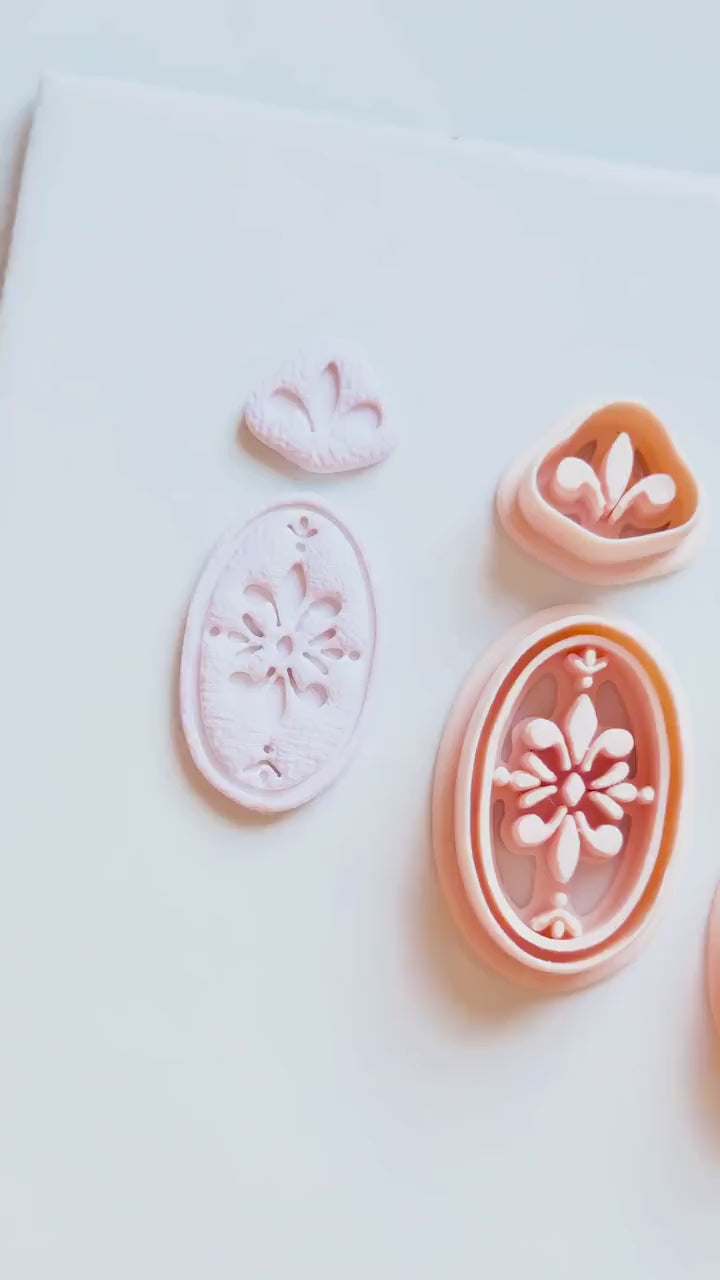Ornate Fleur de Lis Oval Clay Cutter Set: Elegant Floral Polymer Clay Tools